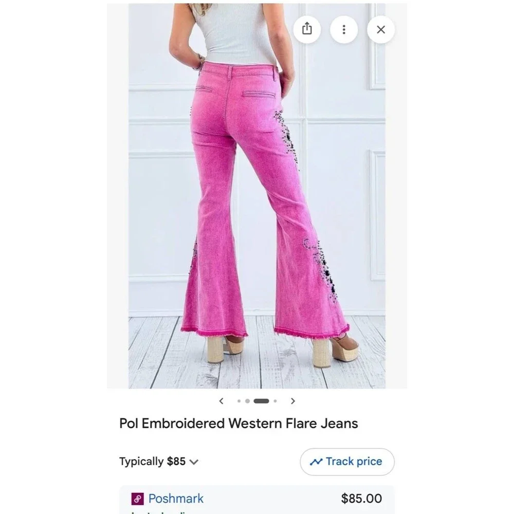 POL jeans POL Pants PINK FLARE EMBROIDERED FLOWERS bohemian jeans womens Medium
